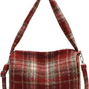 Woolen Plaid Shoulder Bag Crossbody Zipper Pocket for Women